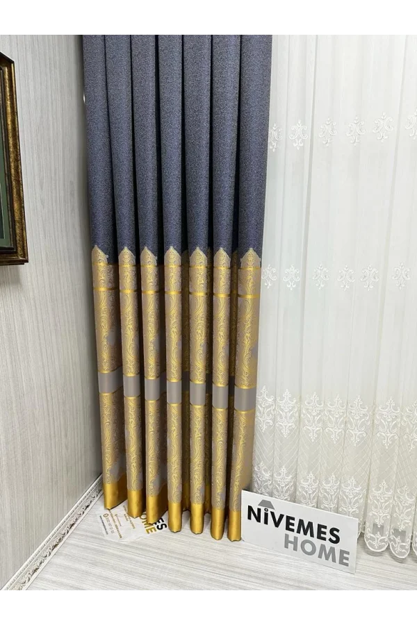 NİVEMESHOME GÖNEN ANTRASİT-GOLD 671539 V-5401 1/3 SIK PİLELİ FON PERDE APM