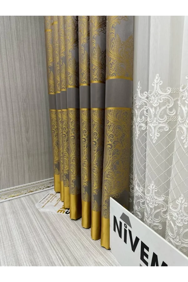 NİVEMESHOME GÖNEN ANTRASİT-GOLD 671539 V-5401 1/3 SIK PİLELİ FON PERDE APM
