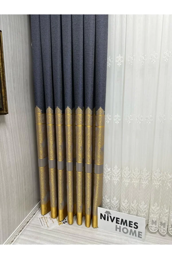 NİVEMESHOME GÖNEN ANTRASİT-GOLD 671539 V-5401 1/3 SIK PİLELİ FON PERDE APM