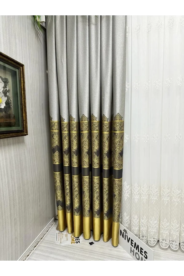 NİVEMESHOME GÖNEN GRİ-GOLD 671539 V-2503 1/3 SIK PİLELİ FON PERDE APM