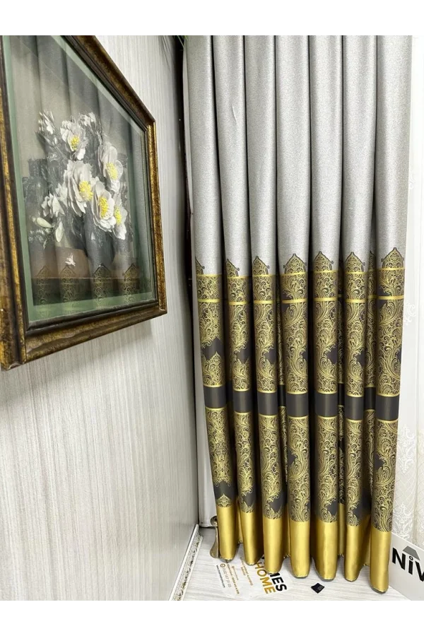NİVEMESHOME GÖNEN GRİ-GOLD 671539 V-2503 1/3 SIK PİLELİ FON PERDE APM