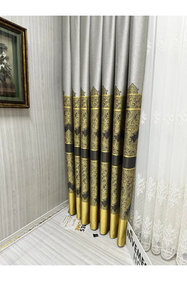NİVEMESHOME GÖNEN GRİ-GOLD 671539 V-2503 1/3 SIK PİLELİ FON PERDE APM