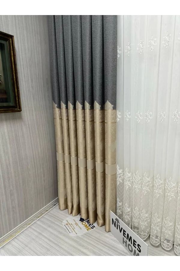 NİVEMESHOME GÖNEN DARK GRAY-CREAM 671539 V-101 1/3 THICK PILED CURTAIN APM