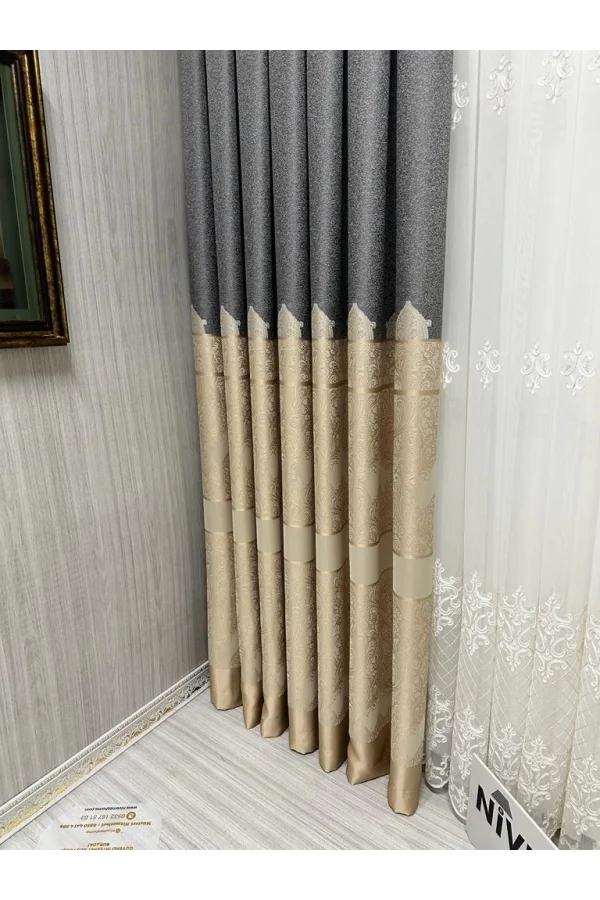 NİVEMESHOME GÖNEN DARK GRAY-CREAM 671539 V-101 1/3 THICK PILED CURTAIN APM