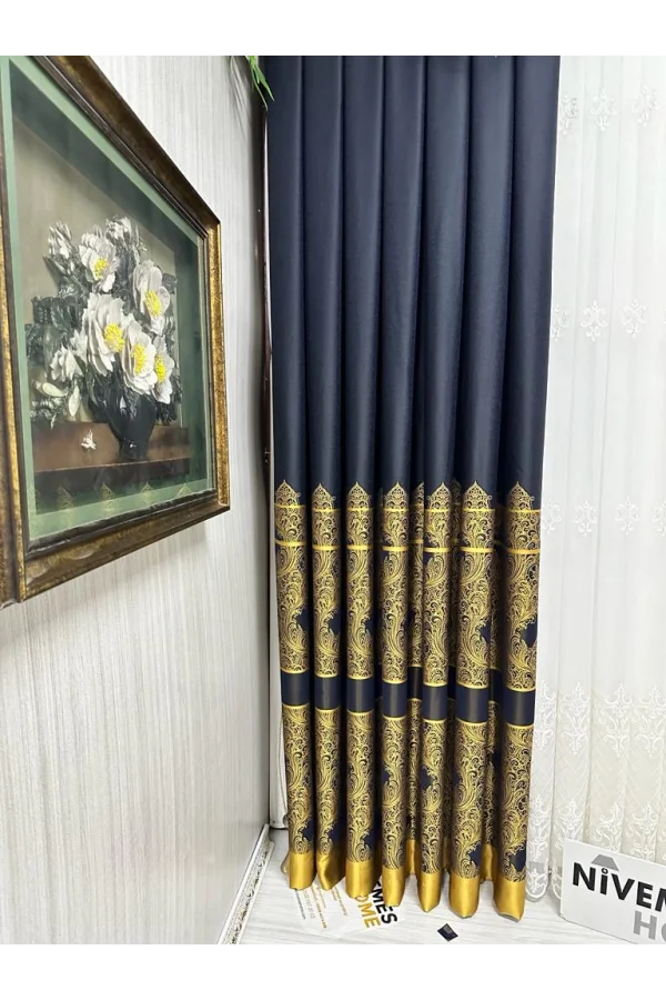 NİVEMESHOME GÖNEN LACİVERT-GOLD 671539 V-503 1/3 SIK PİLELİ FON PERDE APM