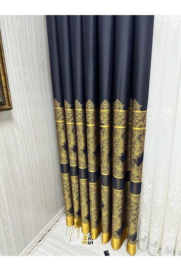 NİVEMESHOME GÖNEN LACİVERT-GOLD 671539 V-503 1/3 SIK PİLELİ FON PERDE APM