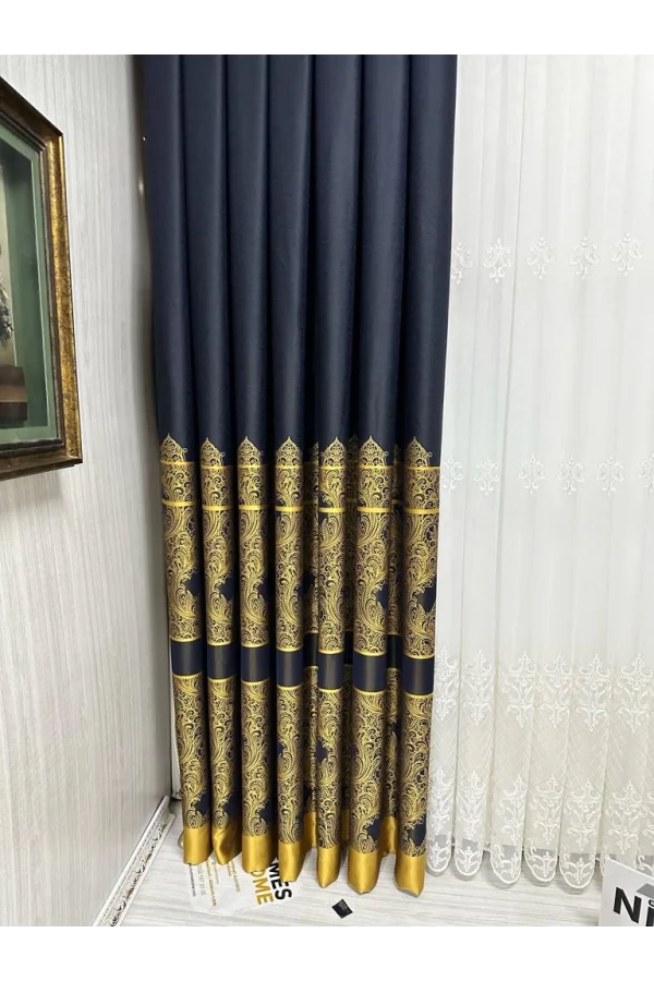 NİVEMESHOME GÖNEN LACİVERT-GOLD 671539 V-503 1/3 SIK PİLELİ FON PERDE APM