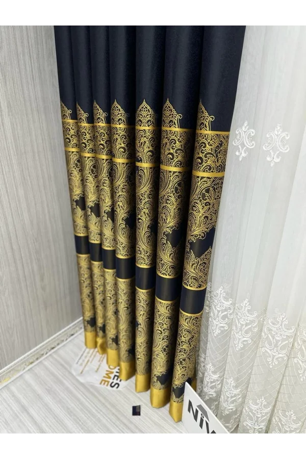 NİVEMESHOME GÖNEN LACİVERT-GOLD 671539 V-503 1/3 SIK PİLELİ FON PERDE APM