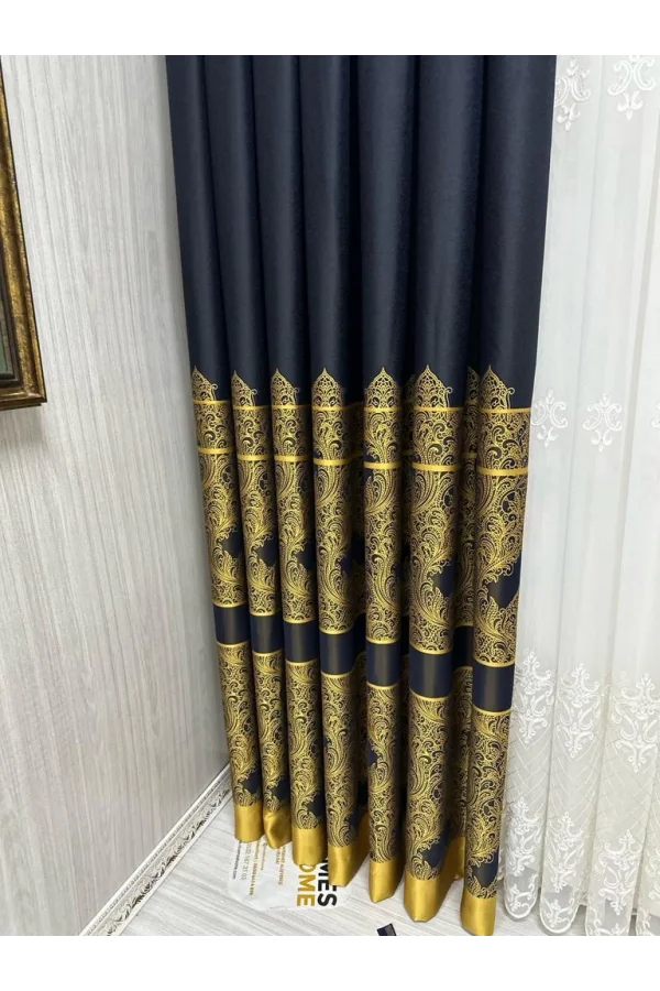 NİVEMESHOME GÖNEN LACİVERT-GOLD 671539 V-503 1/3 SIK PİLELİ FON PERDE APM