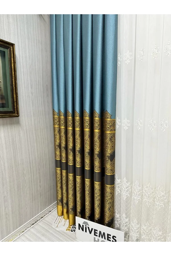 NİVEMESHOME GÖNEN TURKUAZ-GOLD 671539 V-2504 1/3 SIK PİLELİ FON PERDE APM