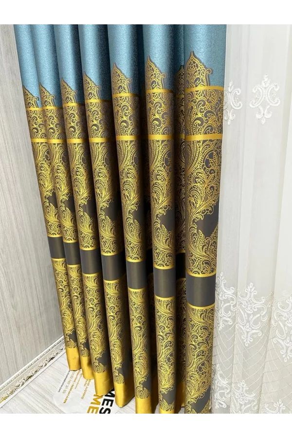 NİVEMESHOME GÖNEN TURKUAZ-GOLD 671539 V-2504 1/3 SIK PİLELİ FON PERDE APM