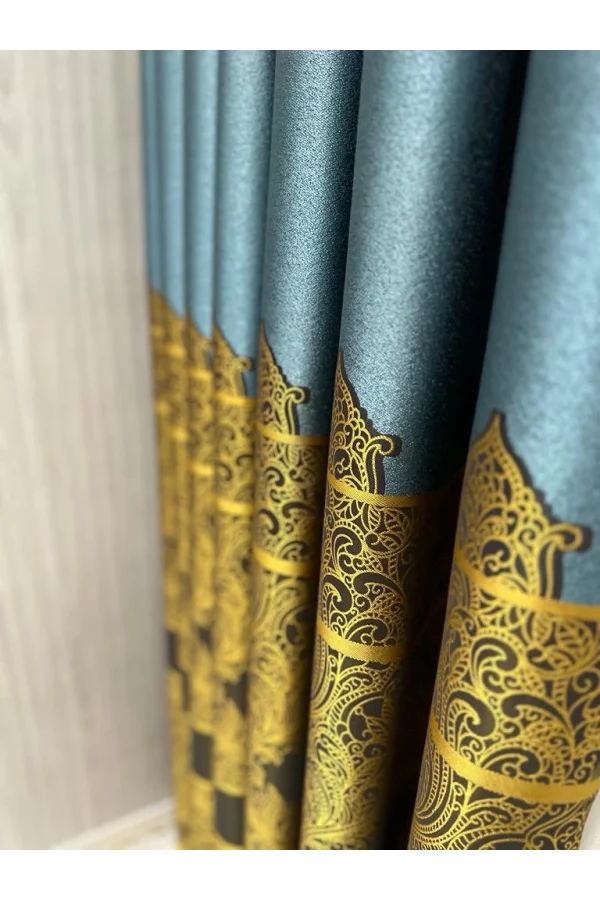 NİVEMESHOME GÖNEN TURKUAZ-GOLD 671539 V-2504 1/3 SIK PİLELİ FON PERDE APM