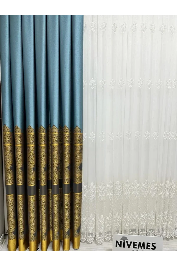 NİVEMESHOME GÖNEN TURKUAZ-GOLD 671539 V-2504 1/3 SIK PİLELİ FON PERDE APM