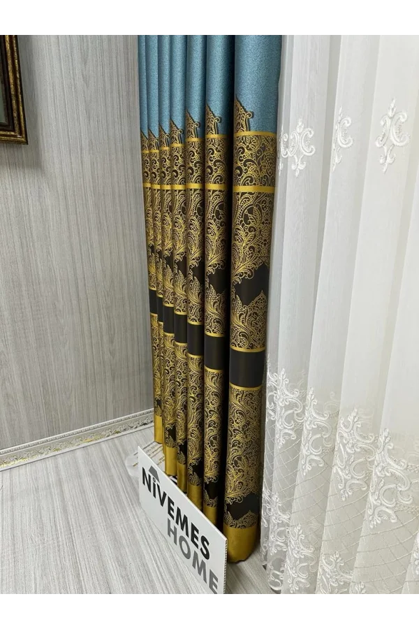 NİVEMESHOME GÖNEN TURKUAZ-GOLD 671539 V-2504 1/3 SIK PİLELİ FON PERDE APM