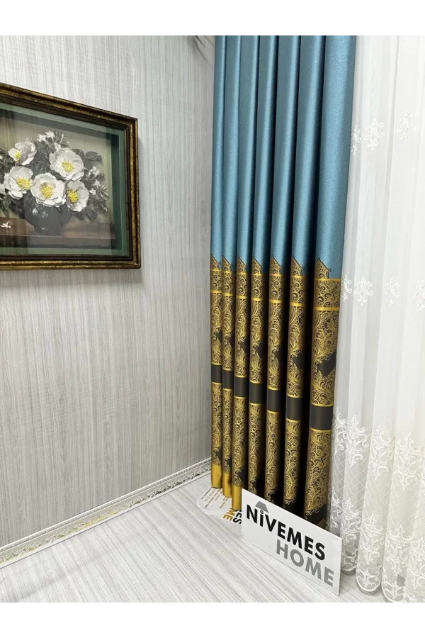 NİVEMESHOME GÖNEN TURKUAZ-GOLD 671539 V-2504 1/3 SIK PİLELİ FON PERDE APM