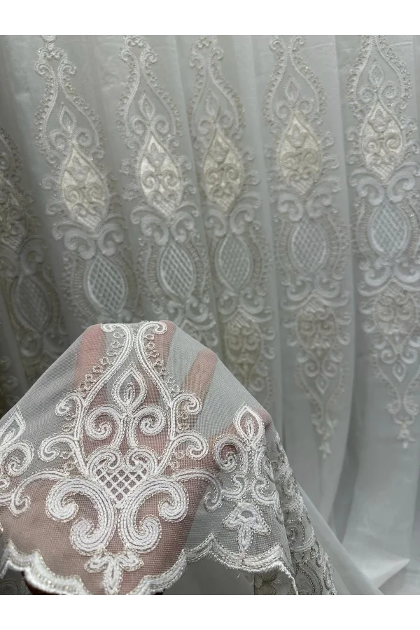 NİVEMESHOME HARBİYE GOLD DETAYLI 1/3 SIK PİLELİ TÜL PERDE APM