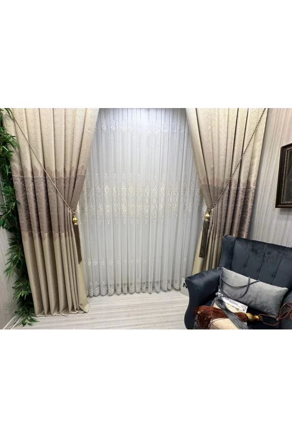 NİVEMESHOME HARBİYE GOLD DETAYLI 1/3 SIK PİLELİ TÜL PERDE APM