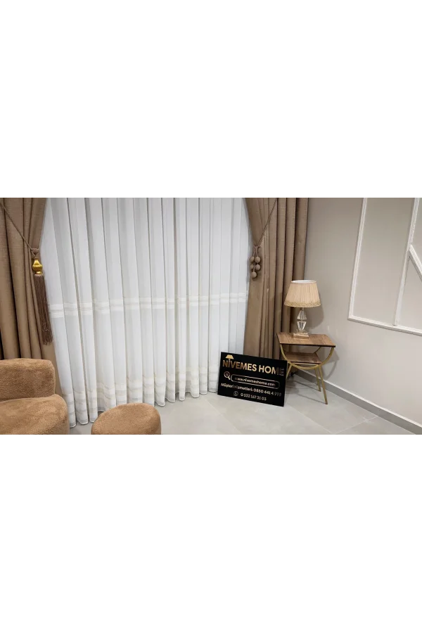 NİVEMESHOME HAVEN 3023 GOLD DETAYLI 1/3 SIK PİLELİ TÜL PERDE APM