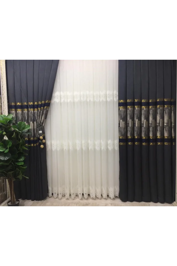 NİVEMESHOME HAYALLİFE ATLAS V-2531 LACİVERT- GOLD 1/3 SIK PİLELİ FON PERDE APM