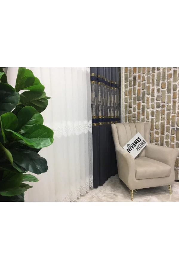 NİVEMESHOME HAYALLİFE ATLAS V-2531 LACİVERT- GOLD 1/3 SIK PİLELİ FON PERDE APM