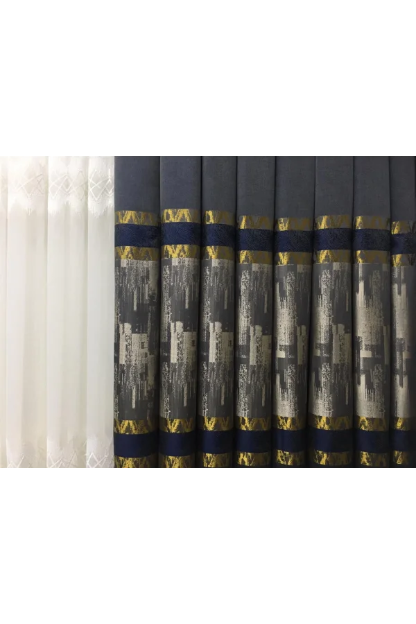 NİVEMESHOME HAYALLİFE ATLAS V-2531 LACİVERT- GOLD 1/3 SIK PİLELİ FON PERDE APM