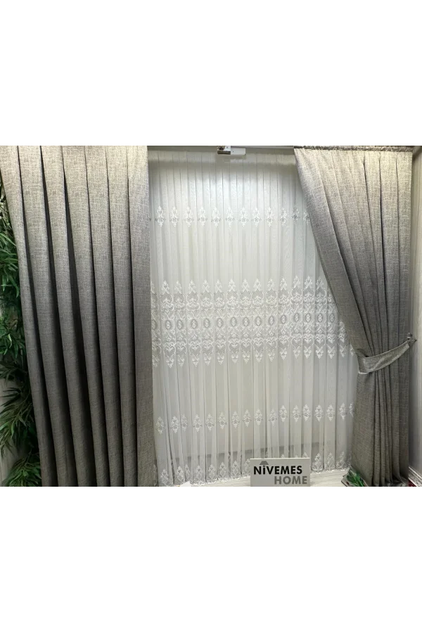NİVEMESHOME HELEN GÜMÜŞ DETAYLI 1/3 SIK PİLELİ TÜL PERDE APM