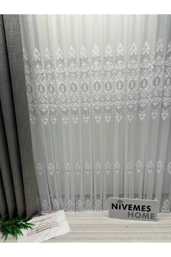 NİVEMESHOME HELEN GÜMÜŞ DETAYLI 1/3 SIK PİLELİ TÜL PERDE APM
