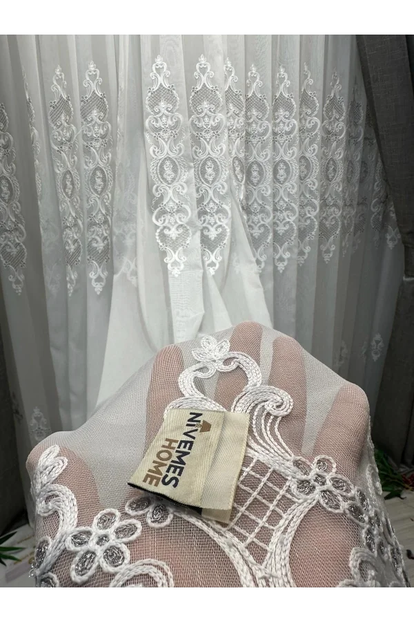 NİVEMESHOME HELEN GÜMÜŞ DETAYLI 1/3 SIK PİLELİ TÜL PERDE APM