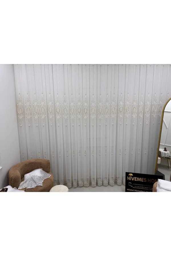 NİVEMESHOME HÜRREM GOLD DETAYLI 1/3 SIK PİLELİ TÜL PERDE APM