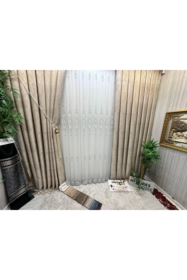 NİVEMESHOME HÜRREM GÜMÜŞ DETAYLI 1/3 SIK PİLELİ TÜL PERDE APM