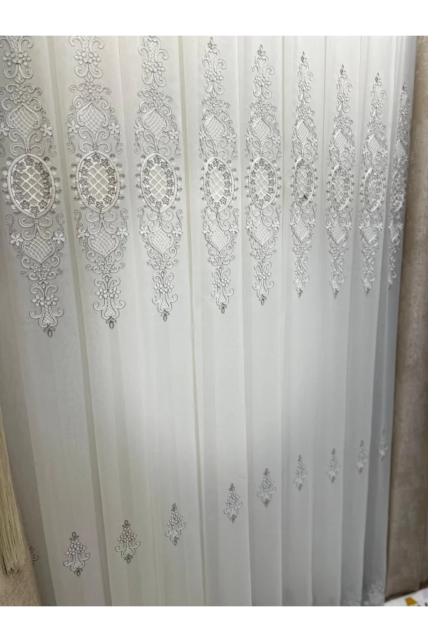 NİVEMESHOME HÜRREM GÜMÜŞ DETAYLI 1/3 SIK PİLELİ TÜL PERDE APM