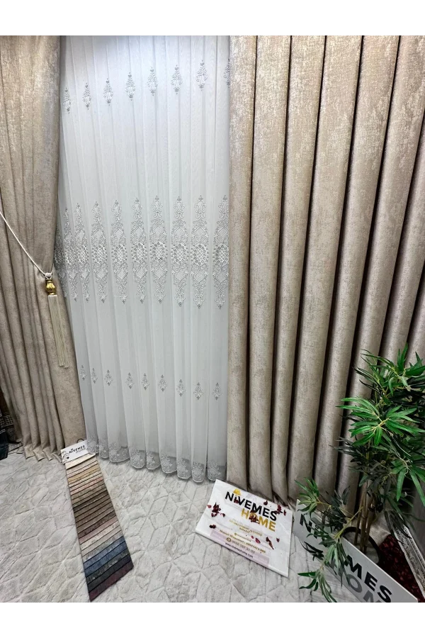 NİVEMESHOME HÜRREM GÜMÜŞ DETAYLI 1/3 SIK PİLELİ TÜL PERDE APM