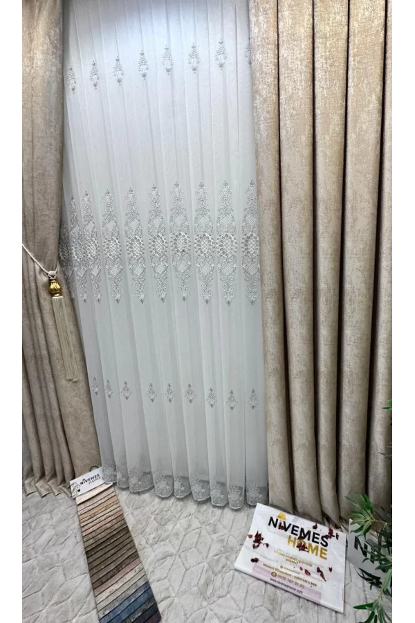 NİVEMESHOME HÜRREM GÜMÜŞ DETAYLI 1/3 SIK PİLELİ TÜL PERDE APM