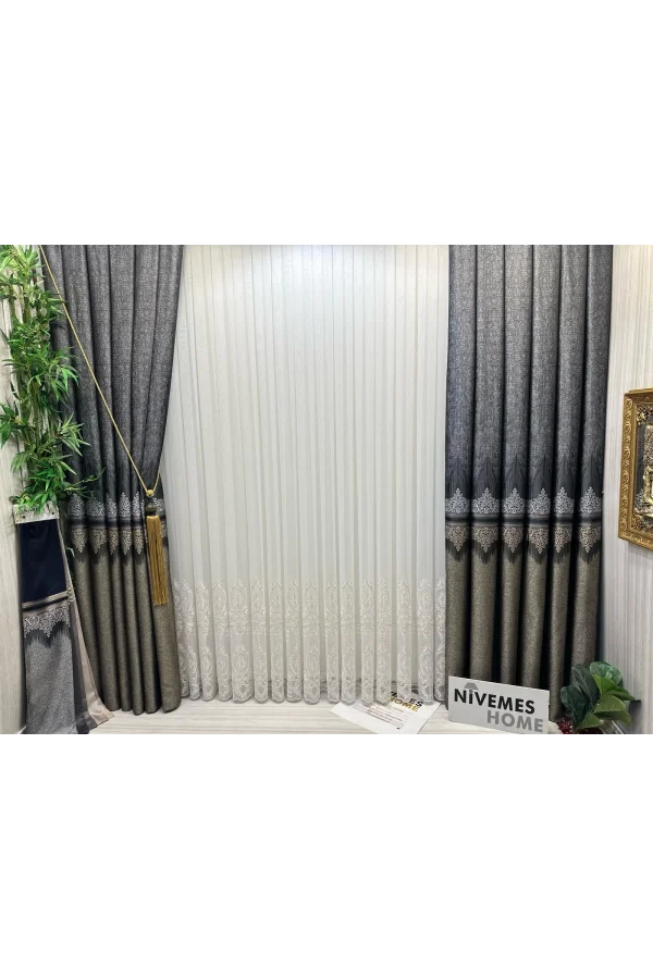 NİVEMESHOME HÜZZAM ALTIN DETAYLI 1/3 SIK PİLELİ TÜL PERDE APM