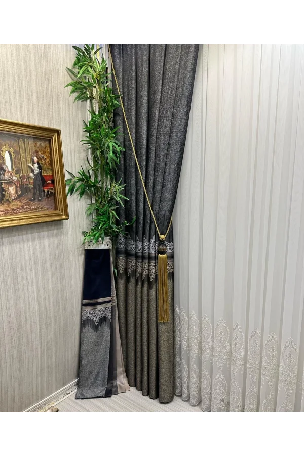 NİVEMESHOME HÜZZAM ALTIN DETAYLI 1/3 SIK PİLELİ TÜL PERDE APM