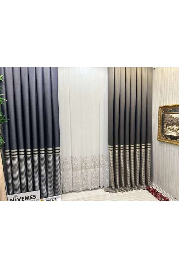 NİVEMESHOME HÜZZAM GOLD DETAYLI 1/3 SIK PİLELİ TÜL PERDE APM