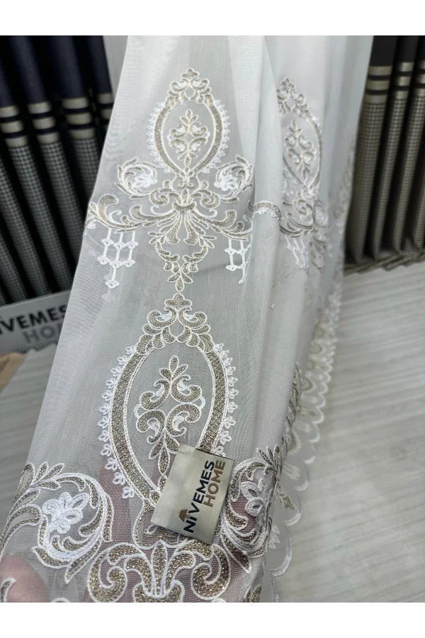 NİVEMESHOME HÜZZAM GOLD DETAYLI 1/3 SIK PİLELİ TÜL PERDE APM