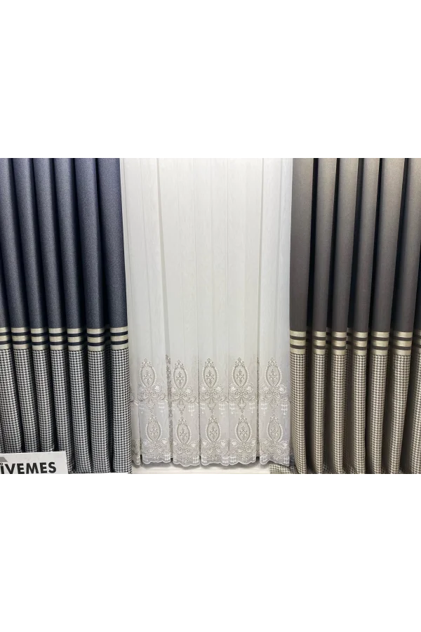 NİVEMESHOME HÜZZAM GOLD DETAYLI 1/3 SIK PİLELİ TÜL PERDE APM