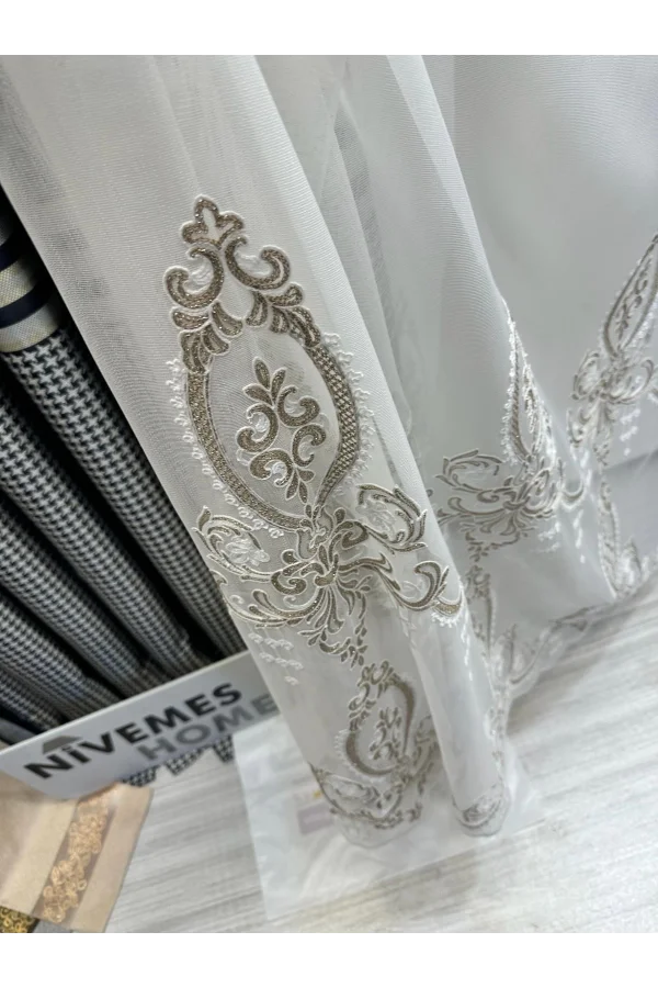 NİVEMESHOME HÜZZAM GOLD DETAYLI 1/3 SIK PİLELİ TÜL PERDE APM