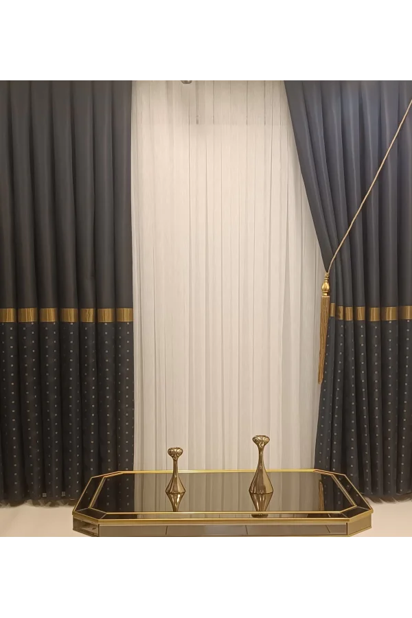 NİVEMESHOME JEWELS الأزرق الداكن-ذهب 1/3 اعتاد التراص ستارة خلفية APM