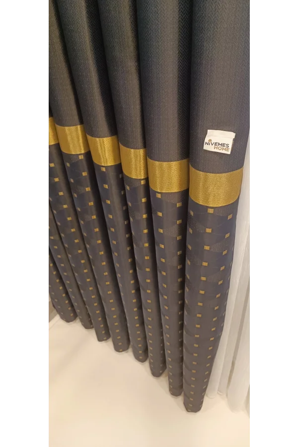 NİVEMESHOME JEWELS الأزرق الداكن-ذهب 1/3 اعتاد التراص ستارة خلفية APM