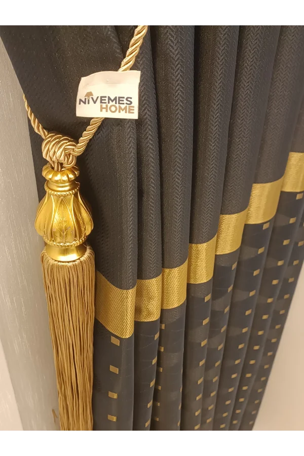 NİVEMESHOME JEWELS الأزرق الداكن-ذهب 1/3 اعتاد التراص ستارة خلفية APM