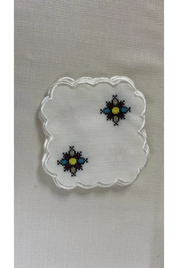 NİVEMESHOME KANAVİÇE NAKIŞLI KARE (6 ADET) KETEN KOKTEYL PEÇETESİ KAHVE YANI SUNUMLUK