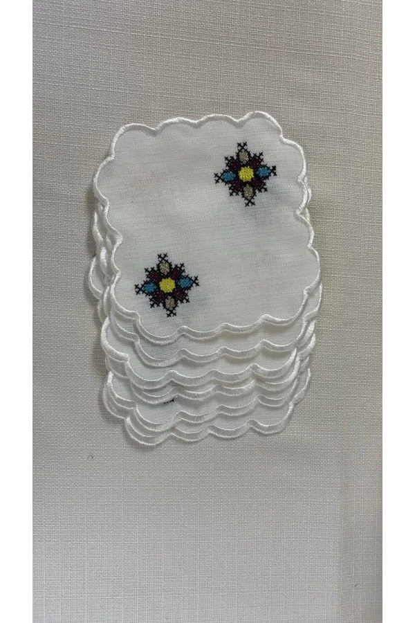 NİVEMESHOME KANAVİÇE NAKIŞLI KARE (6 ADET) KETEN KOKTEYL PEÇETESİ KAHVE YANI SUNUMLUK