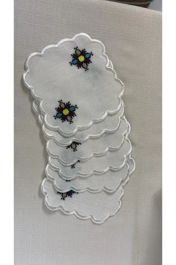 NİVEMESHOME KANAVİÇE NAKIŞLI KARE (6 ADET) KETEN KOKTEYL PEÇETESİ KAHVE YANI SUNUMLUK