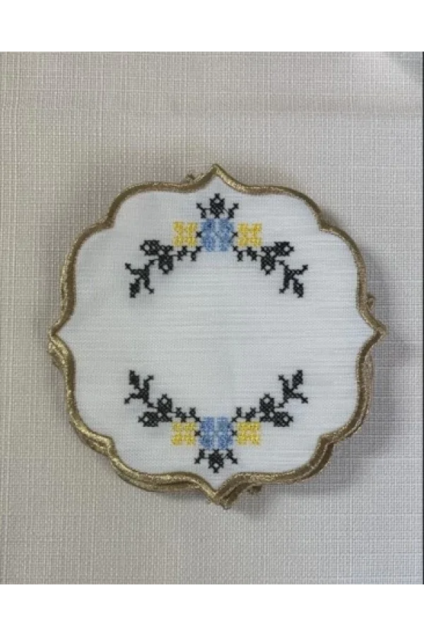 NİVEMESHOME KANAVİÇE NAKIŞLI SARI-MAVİ OVAL (6 ADET) KETEN KOKTEYL PEÇETESİ KAHVE YANI SUNUMLUK