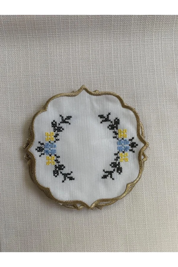 NİVEMESHOME KANAVİÇE NAKIŞLI SARI-MAVİ OVAL (6 ADET) KETEN KOKTEYL PEÇETESİ KAHVE YANI SUNUMLUK