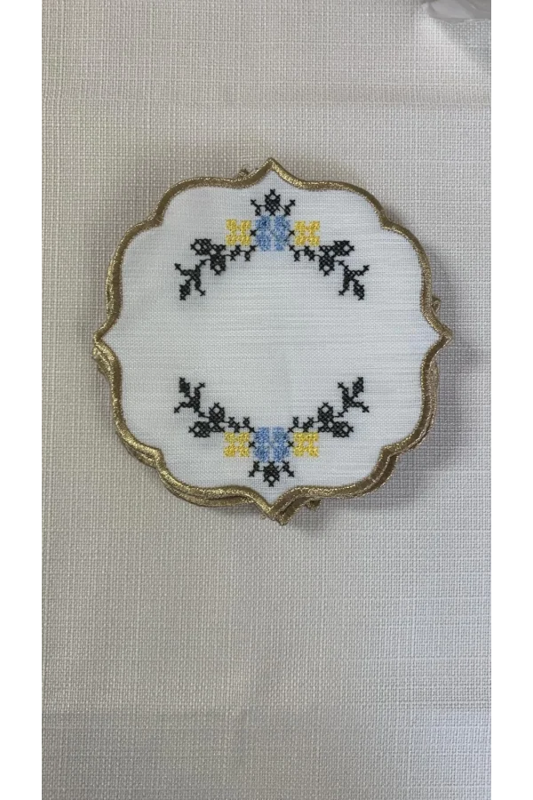 NİVEMESHOME KANAVİÇE NAKIŞLI SARI-MAVİ OVAL (6 ADET) KETEN KOKTEYL PEÇETESİ KAHVE YANI SUNUMLUK