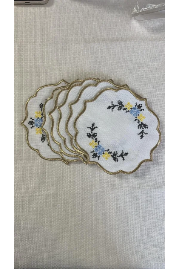 NİVEMESHOME KANAVİÇE NAKIŞLI SARI-MAVİ OVAL (6 ADET) KETEN KOKTEYL PEÇETESİ KAHVE YANI SUNUMLUK