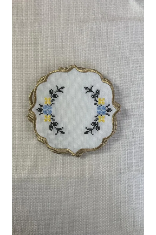 NİVEMESHOME KANAVİÇE NAKIŞLI SARI-MAVİ OVAL (6 ADET) KETEN KOKTEYL PEÇETESİ KAHVE YANI SUNUMLUK